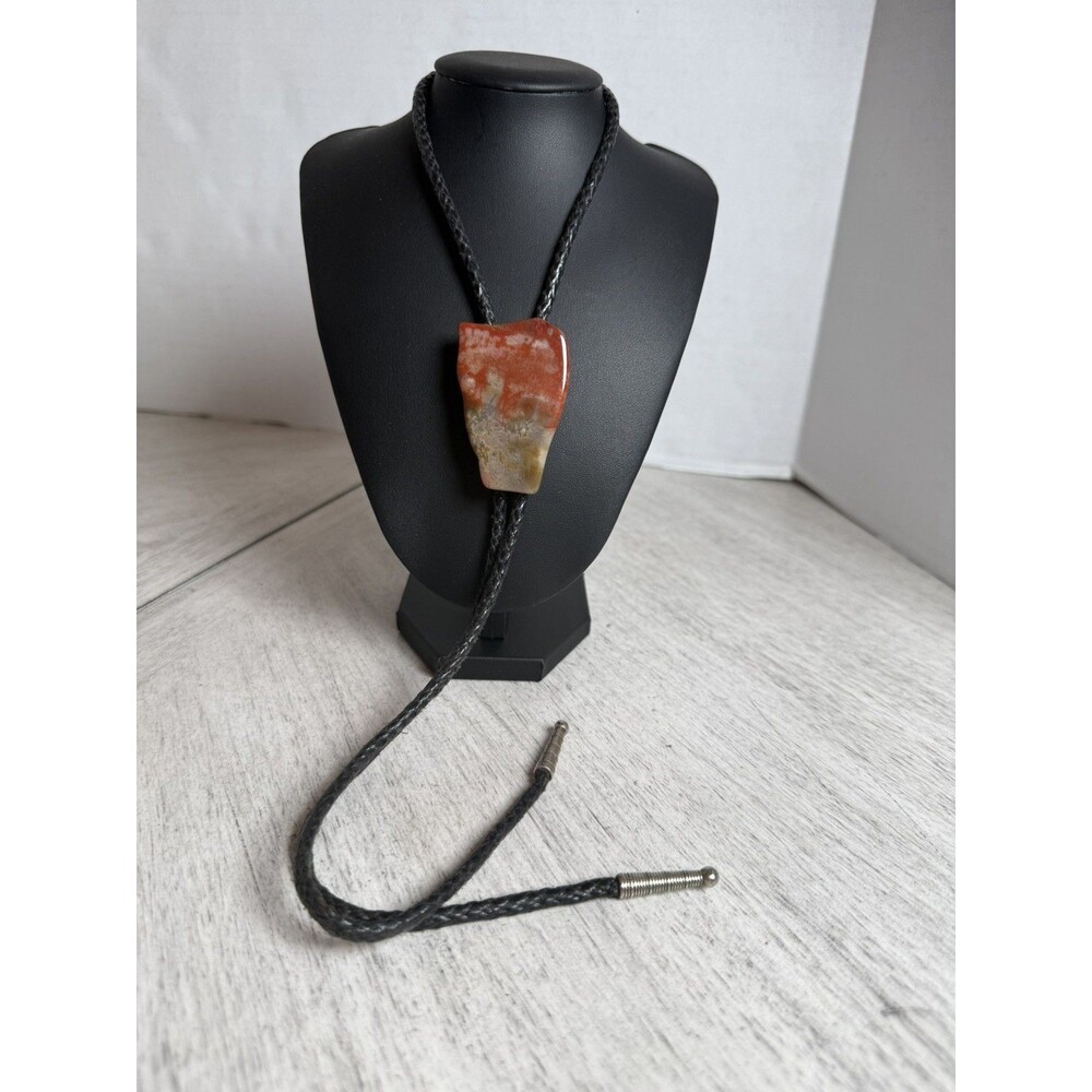 Handcrafted Natural Agate Jasper Stone Slab Bolo Tie Black Braided Leather Cord